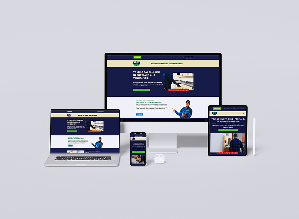 Responsive website design showcasing plumbing services in Portland and Vancouver, displayed on multiple devices including a desktop, laptop, tablet, and smartphone. The site features a professional plumber, service details, and clear calls to action for scheduling plumbing services.