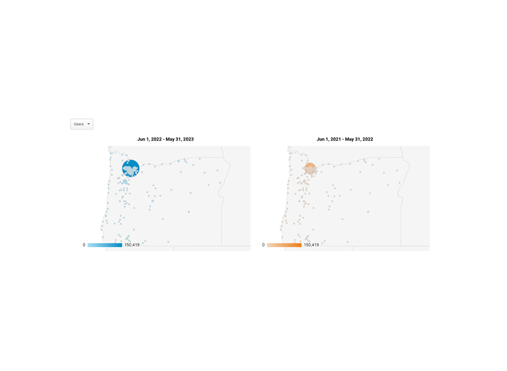 User activity map comparison for two time periods in Oregon: June 1, 2022 - May 31, 2023 (blue) and June 1, 2021 - May 31, 2022 (orange), highlighting changes in user distribution across the state.