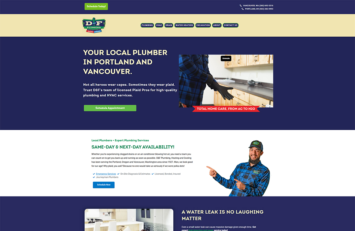 Image of a plumber in a plaid shirt wearing gloves and working on a kitchen countertop, showcasing D&F Plumbing's expert plumbing and HVAC services in Portland and Vancouver. The website emphasizes same-day and next-day availability for emergency plumbing needs.