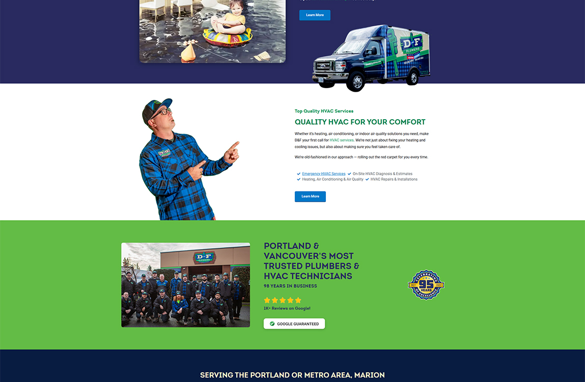 Image of a child enjoying a water activity in a pool, with a service vehicle in the background promoting HVAC services. The website emphasizes quality HVAC solutions and trusted plumbing services in Portland and Vancouver, showcasing a team of technicians.