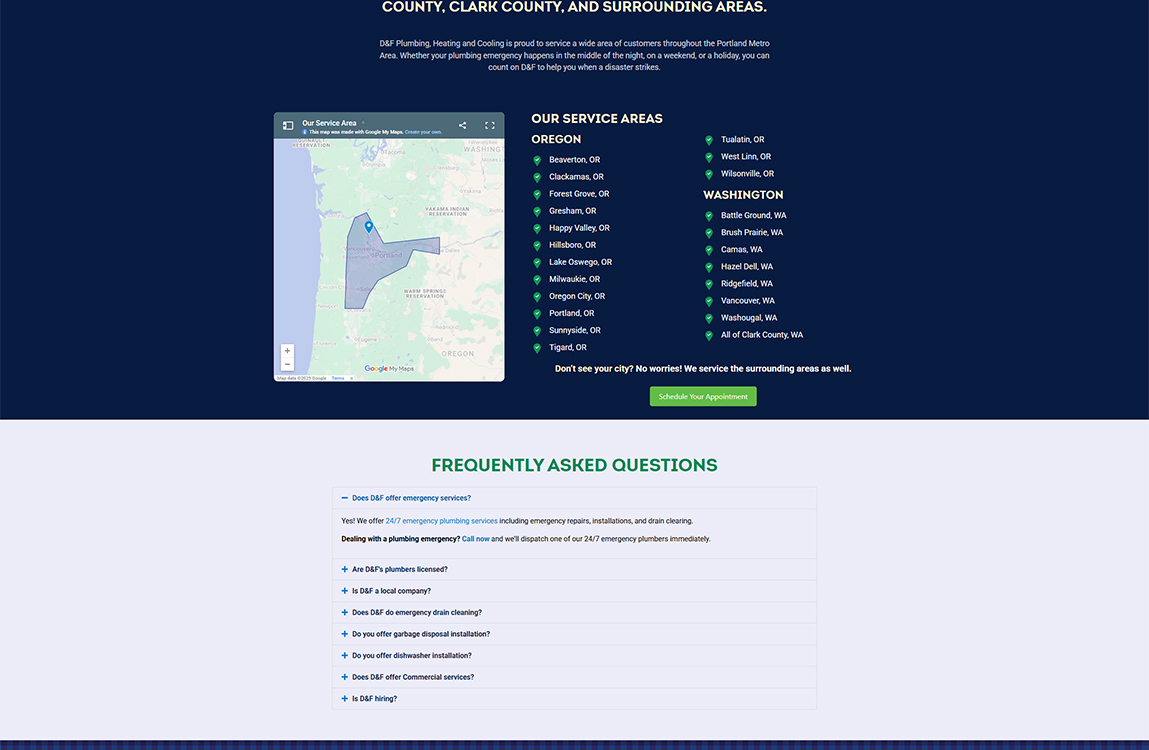 Map of D&F Plumbing, Heating and Cooling service areas in Oregon and Washington, highlighting locations such as Portland, Vancouver, and surrounding cities, along with a section for frequently asked questions about emergency services and plumbing options.