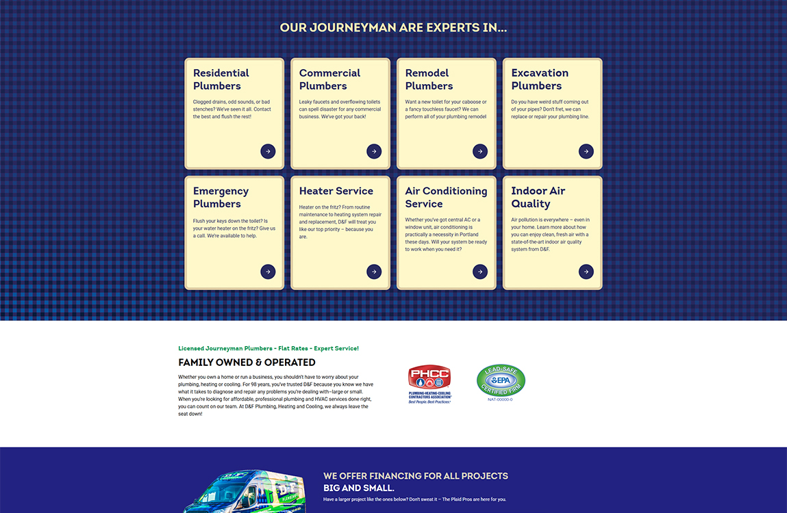 Image showcasing a plumbing and HVAC service website, featuring six service categories: Residential Plumbers, Commercial Plumbers, Remodel Plumbers, Excavation Plumbers, Emergency Plumbers, Heater Service, Air Conditioning Service, and Indoor Air Quality. The layout emphasizes expertise and offers contact details for various plumbing and HVAC solutions.