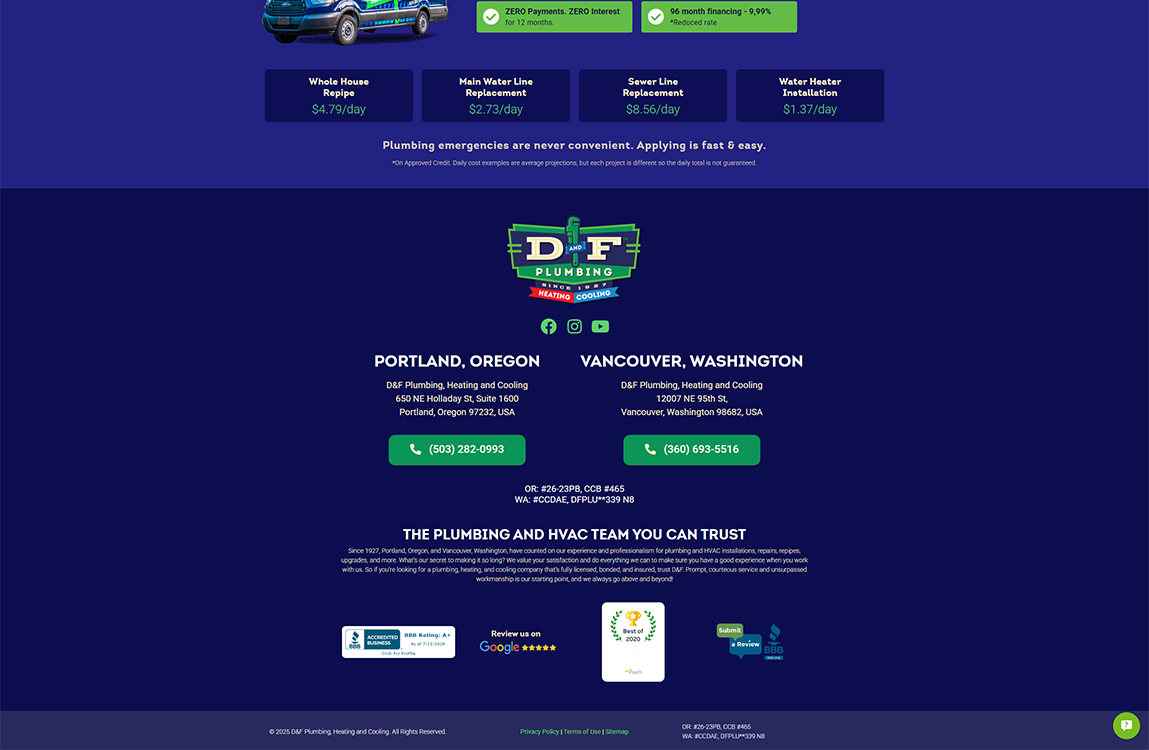 D&F Plumbing and Heating website featuring service offerings, contact information for Portland and Vancouver locations, and financing options for plumbing emergencies.