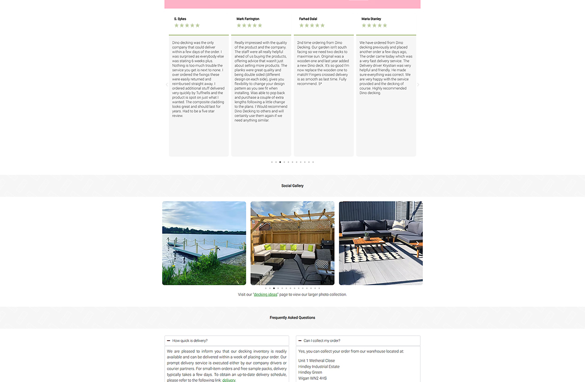 Image showcasing customer reviews and a social gallery for Dino decking, highlighting positive feedback on service, product quality, and delivery experience, along with a FAQ section regarding order collection and delivery timelines.