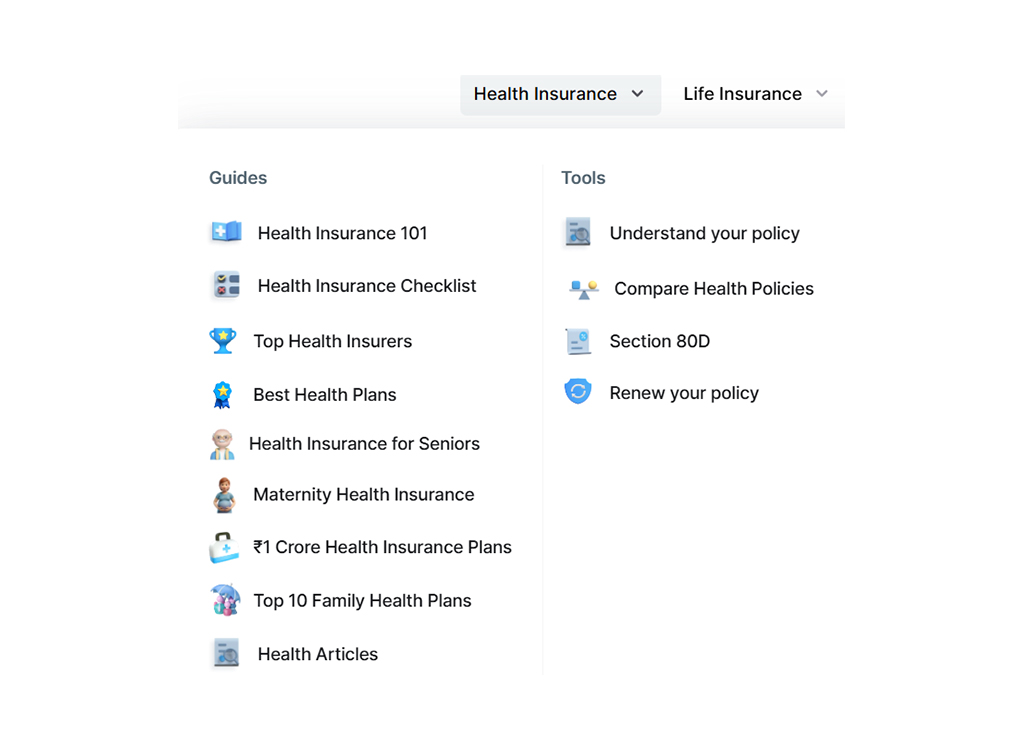 Navigation menu for health and life insurance resources, featuring guides on health insurance basics, checklists, top insurers, plans for seniors and maternity, and tools for understanding policies, comparing options, and renewing coverage.