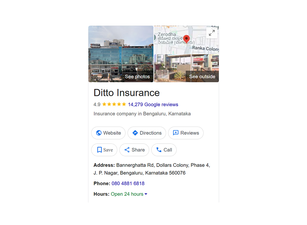 Google business listing for Ditto Insurance in Bengaluru, showcasing a 4.9-star rating based on over 14,000 reviews. Includes address, contact information, and options for directions, website, and reviews.