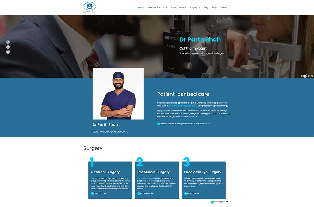 Homepage of Dr. Parth Shah, an ophthalmologist in Canberra, showcasing patient-centered care and specialized eye surgery services, including cataract, eye muscle, and pediatric eye surgeries.