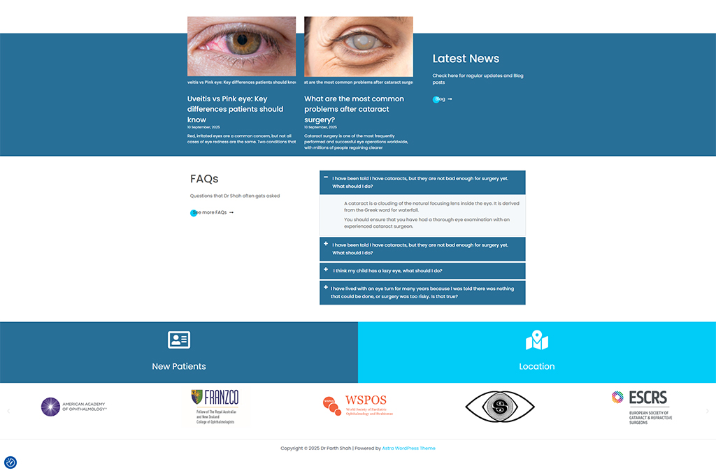 Alt text: A web page screenshot displaying information about eye health, focusing on uveitis and pink eye differences, common cataract surgery issues, and frequently asked questions related to eye conditions. The layout includes sections for latest news, patient inquiries, and affiliations with ophthalmology organizations.