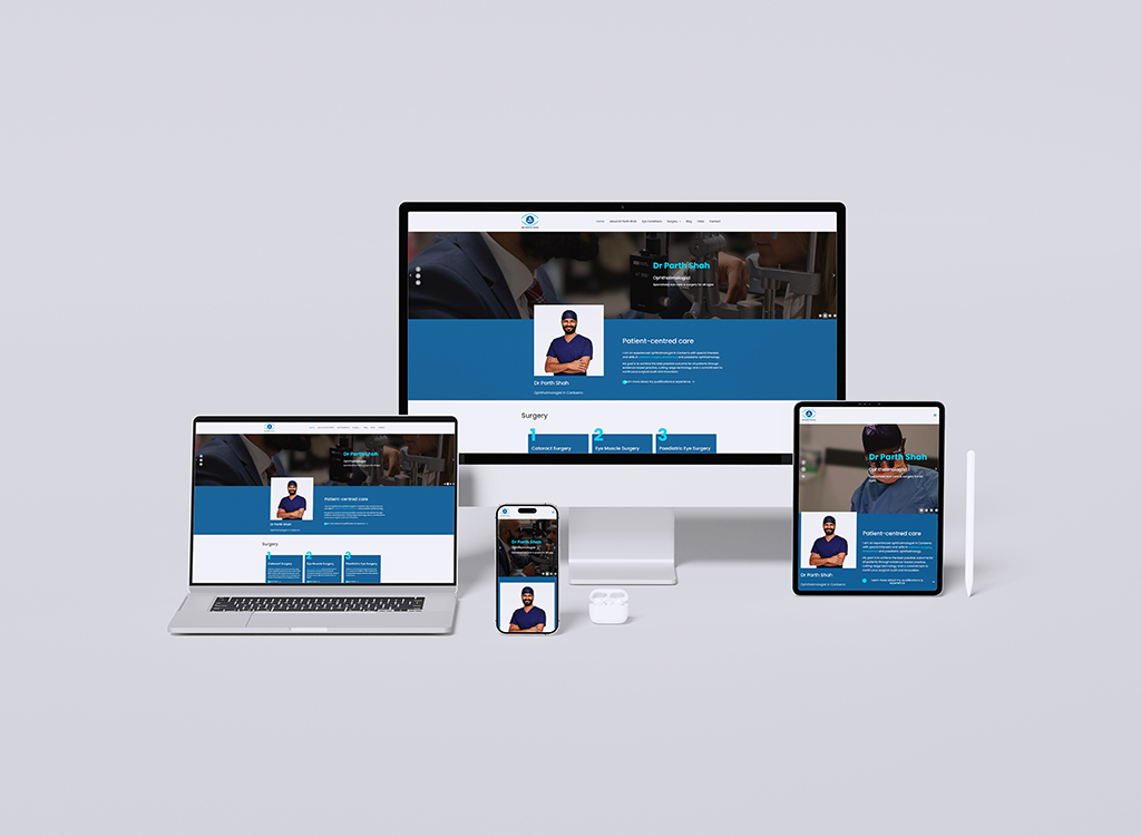 A collection of devices including a desktop, laptop, tablet, and smartphone displaying a medical website for Dr. Parth Shah, an orthopedic surgeon, highlighting patient-centered care and surgical services.