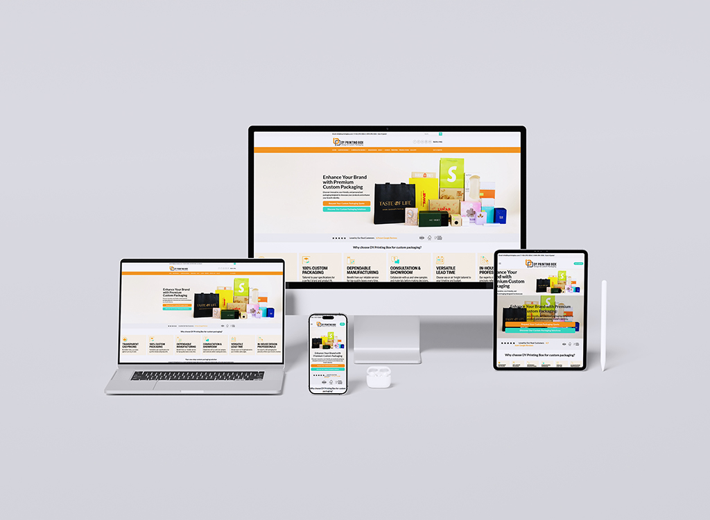 Mockup of a responsive website showcasing custom packaging solutions, displayed on a desktop monitor, laptop, tablet, and smartphone, highlighting design versatility and branding options.