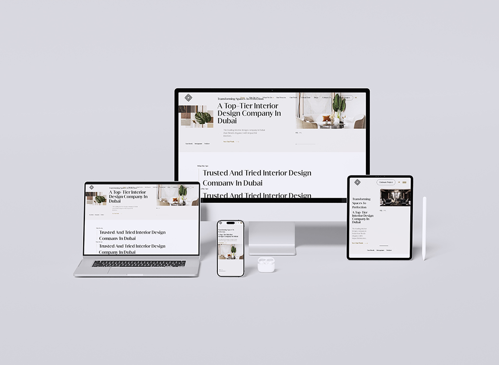 Image of digital devices including a desktop, laptop, tablet, and smartphone displaying a website for a top-tier interior design company in Dubai, highlighting their services and expertise in transforming spaces.