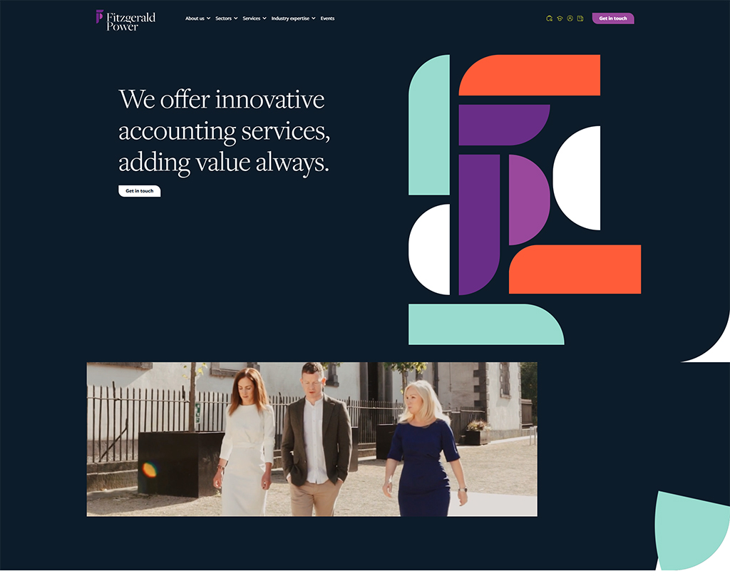 Homepage of Fitzgerald Power, showcasing their innovative accounting services with a modern design. The image features three professionals walking outdoors, emphasizing collaboration and expertise in the accounting sector.