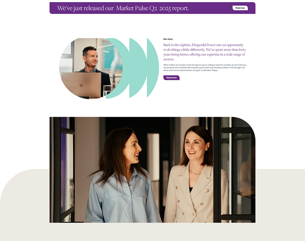 Professional team members engaging in conversation, showcasing collaboration and expertise at Fitzgerald Power, a leading accountancy firm. The image highlights the release of the Market Pulse Q2 2025 report, emphasizing the firm’s commitment to delivering valuable insights across various sectors.