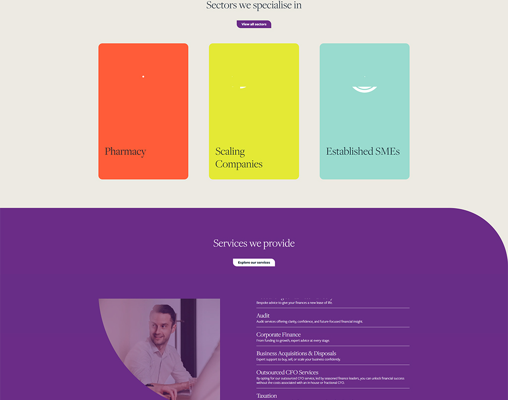 Image showcasing a website section highlighting sectors of specialization: Pharmacy, Scaling Companies, and Established SMEs, along with a description of services provided, including Audit, Corporate Finance, Business Acquisitions, Outsourced CFO Services, and Taxation.