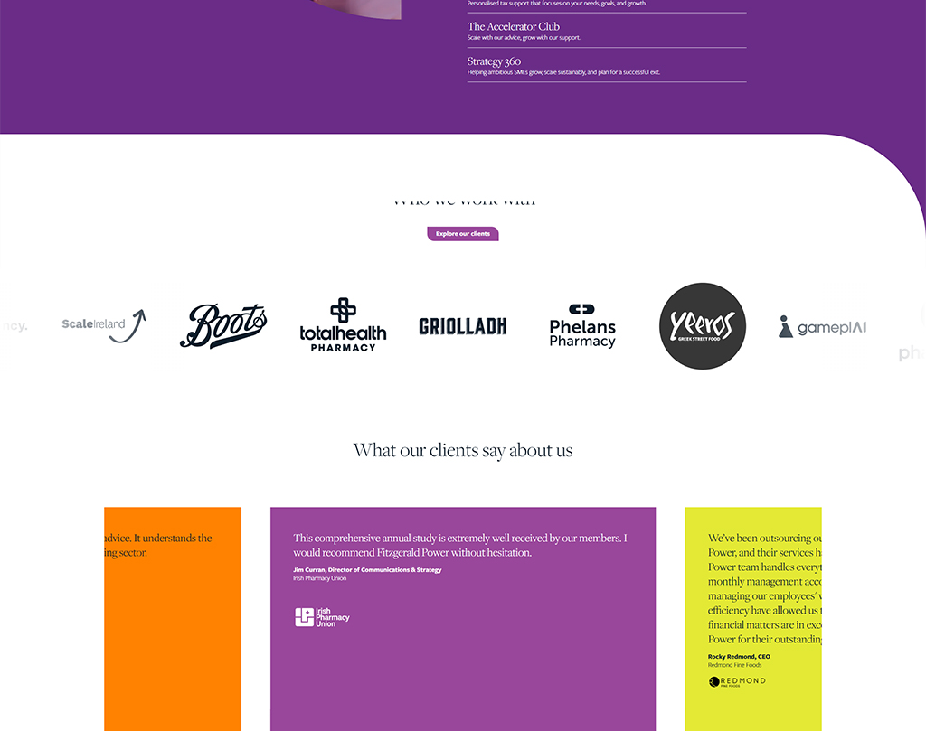 Client testimonials and logos of businesses partnered with Fitzgerald Power, showcasing their services and positive feedback in a professional layout.