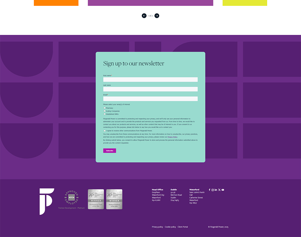 Newsletter signup form for Fitzgerald Power, featuring fields for first name, last name, and email, along with options for selecting areas of interest. The design includes a vibrant purple background and highlights the company’s commitment to privacy and communication preferences.
