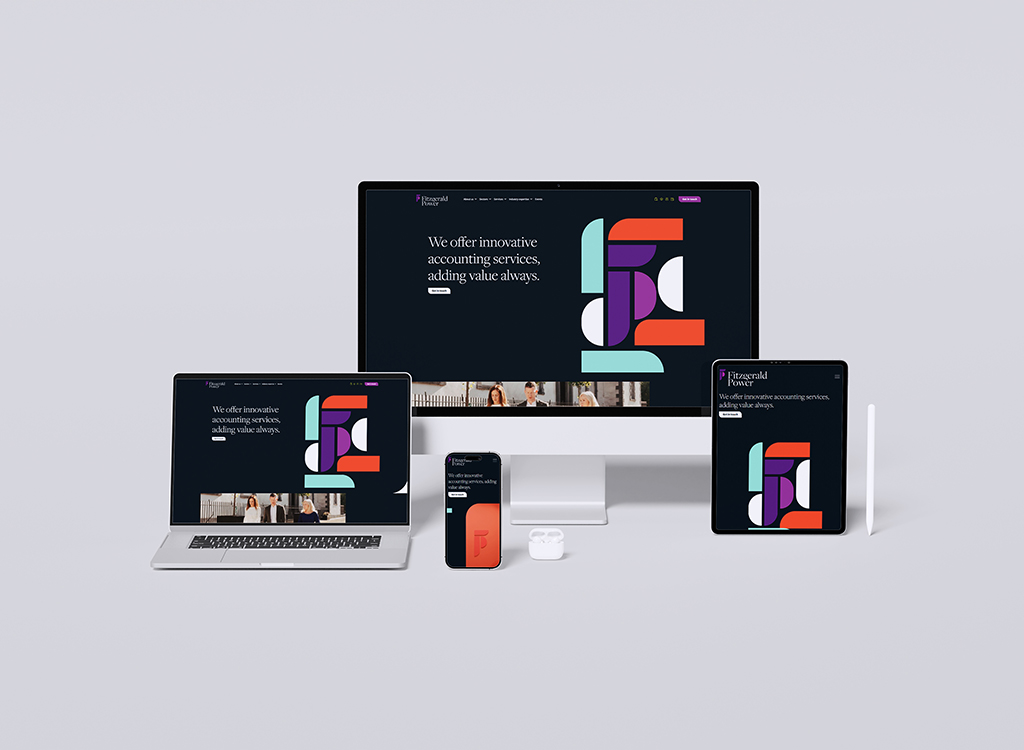 Modern devices displaying an innovative accounting services website, featuring bold colors and a user-friendly interface, showcasing Fitzgerald Power's commitment to adding value.