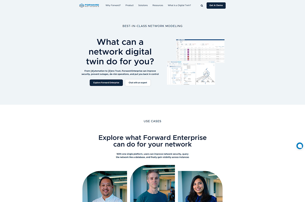 Homepage of Forward Networks showcasing their network digital twin solutions. The image highlights key features, including automation, security improvements, and enhanced visibility for network management, with a focus on the benefits of using Forward Enterprise.