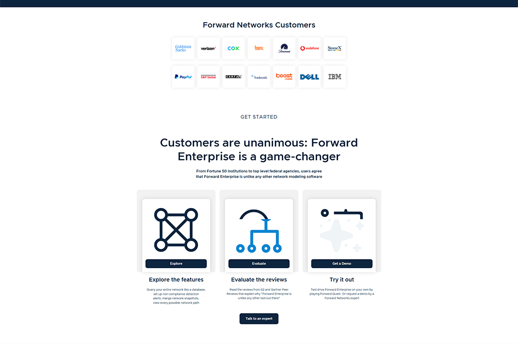 Alt text: Overview of Forward Networks' customer testimonials and features, highlighting the innovative network modeling capabilities of Forward Enterprise. The image includes logos of notable clients and sections labeled 