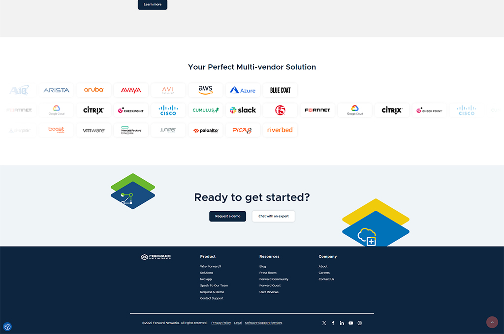Image showcasing a multi-vendor solution with logos from various technology companies including AWS, Cisco, Fortinet, and VMware. The design features a call to action for requesting a demo and chatting with an expert, emphasizing a comprehensive networking solution.
