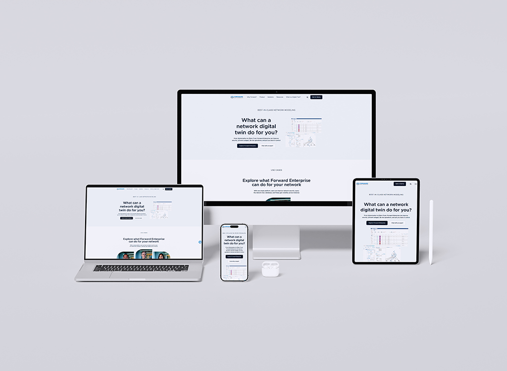 Image showcasing multiple devices including a desktop, laptop, tablet, and smartphone displaying a website about network digital twins and Forward Enterprise solutions. The screens highlight the question 