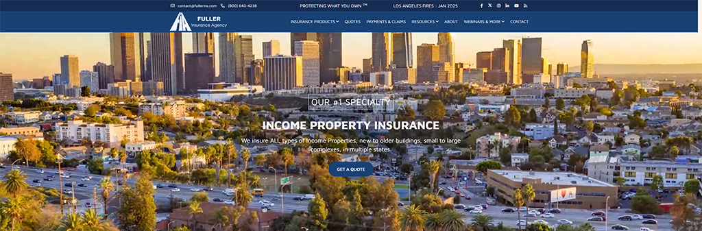 Aerial view of downtown Los Angeles at sunset, showcasing urban buildings and palm trees, with the Fuller Insurance Agency website header focusing on income property insurance services.
