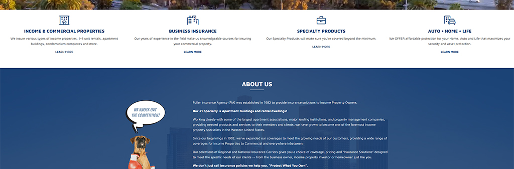 Image of Futer Insurance Agency's website homepage, featuring sections on income and commercial properties, business insurance, specialty products, and auto, home, and life insurance, along with a friendly dog mascot and the agency's mission statement to protect property owners since 1982.