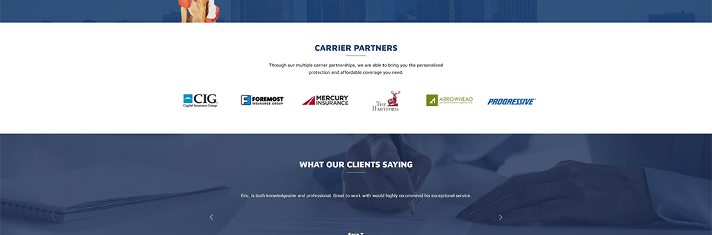 Image showcasing the logos of various insurance carrier partners, including CIG, Foremost Insurance Group, Mercury Insurance, The Hartford, Arrowhead, and Progressive, highlighting a commitment to personalized protection and affordable coverage.