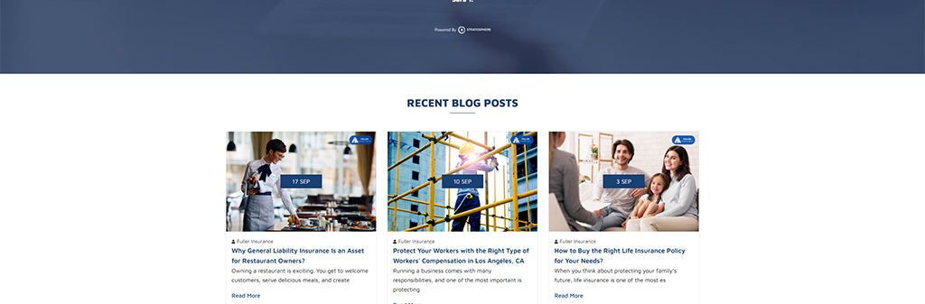Screenshot of a blog section featuring recent posts on insurance topics, including articles about general liability insurance for restaurant owners, workers' compensation in Los Angeles, and choosing the right life insurance policy. The layout includes images and publication dates for each post.