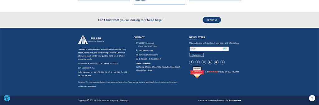 Footer section of Fuller Insurance Agency website, featuring contact information, office locations, newsletter subscription form, and a customer review rating. The design emphasizes accessibility and provides essential details for clients in Southern California.