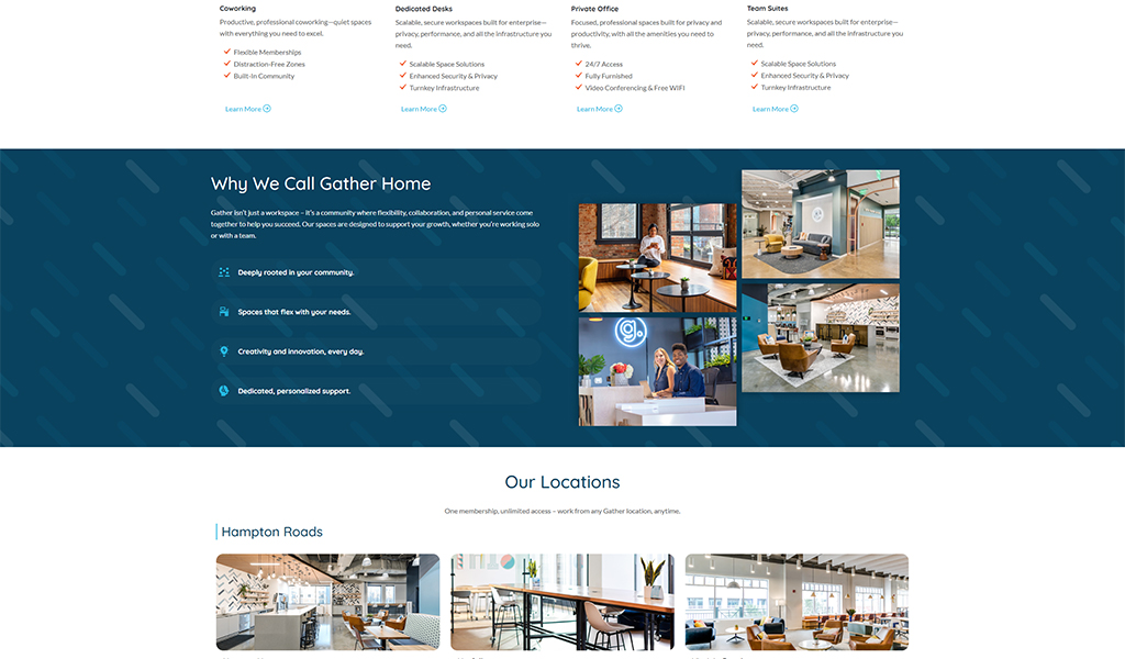 Image showcasing a modern coworking space with various work areas, including private offices and collaborative zones, highlighting community, flexibility, and support at Gather locations. Features bright interiors and diverse individuals engaged in work and collaboration.