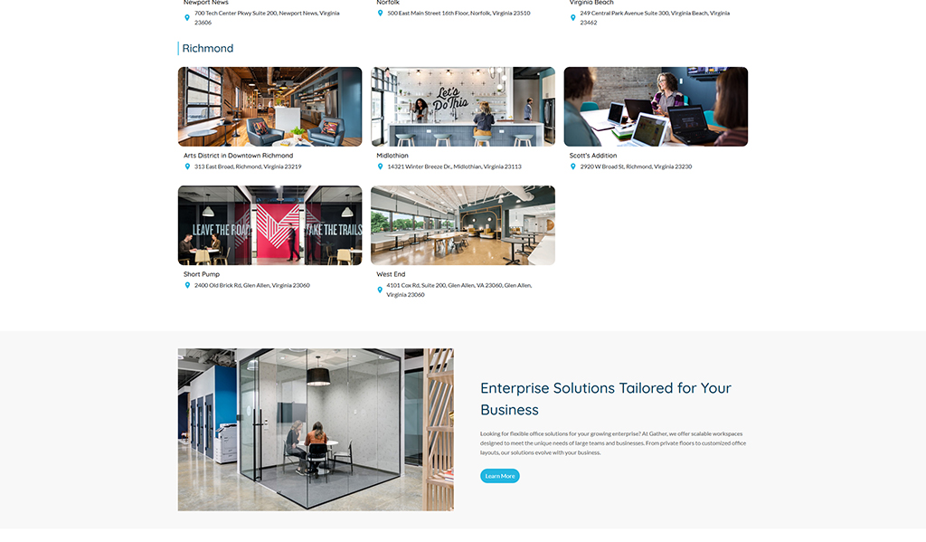 Image showcasing various flexible office locations in Richmond, Virginia, including Arts District, Midlothian, Short Pump, West End, and Scott's Addition, highlighting modern workspaces and meeting areas tailored for businesses.