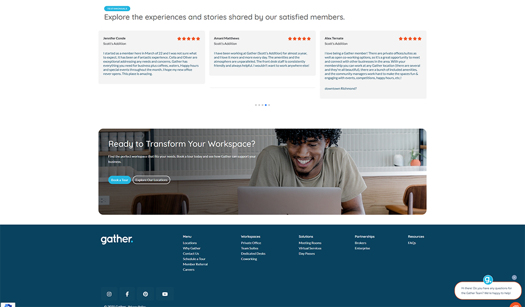 Testimonials from satisfied members of Gather highlight positive experiences in flexible workspaces, emphasizing community, amenities, and support for businesses. The image features a smiling member engaging with technology in a modern office setting, inviting others to explore workspace options.