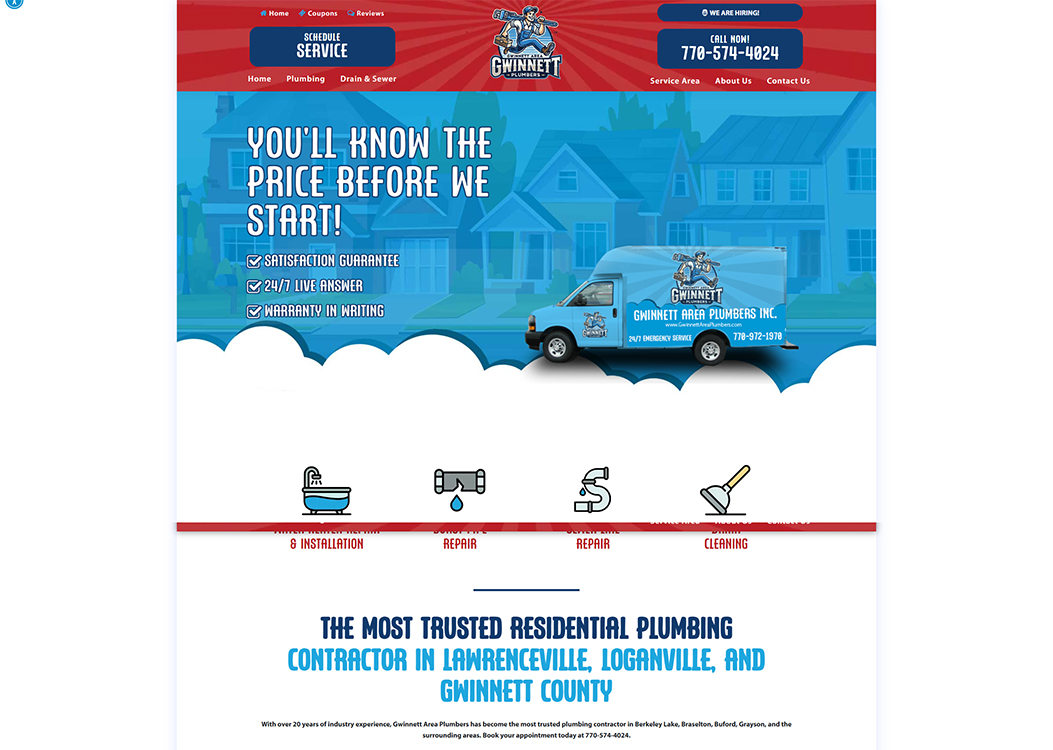 Homepage of Gwinnett Area Plumbers showcasing their plumbing services, including installation, repair, and cleaning. Features a service vehicle, customer satisfaction guarantee, and 24/7 live support. Targeted at residents in Lawrenceville, Loganville, and Gwinnett County.