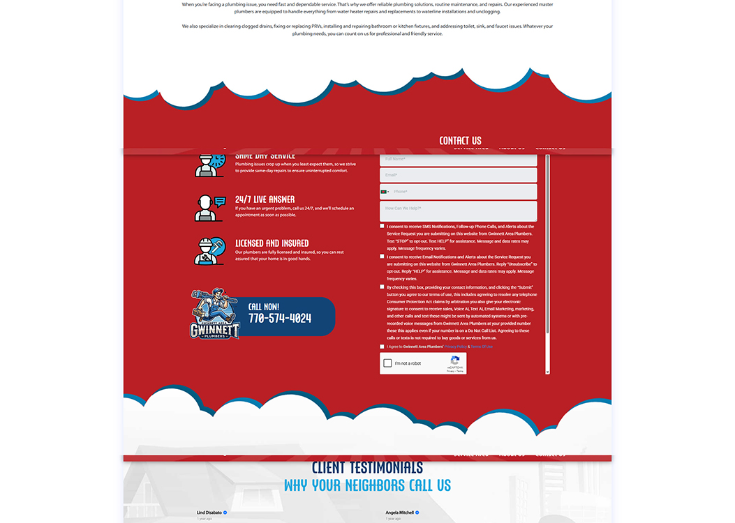 Contact page for Gwinnett Area Plumbers featuring 24/7 live support, licensed and insured services, and a call-to-action for plumbing assistance. The design includes key service offerings and client testimonials, emphasizing reliable and professional plumbing solutions.