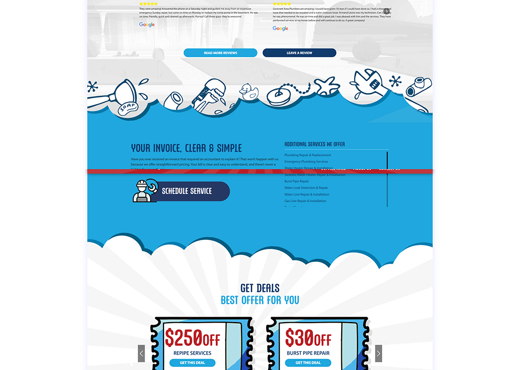 Website homepage featuring plumbing services with a focus on clear invoicing, additional service offerings, and promotional discounts. The design includes icons related to plumbing, a call-to-action button for scheduling services, and highlighted deals for re-pipe services and burst pipe repairs.