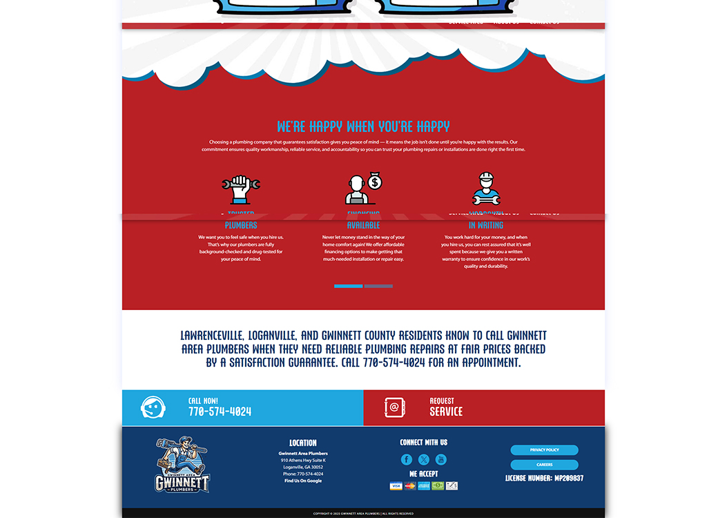 Homepage of Gwinnett Area Plumbers showcasing reliable plumbing services in Lawrenceville, Loganville, and Gwinnett County. The image highlights key features: satisfaction guarantee, fully background-checked plumbers, financing options, and written warranties for quality assurance. Contact information and location details are included for easy access.