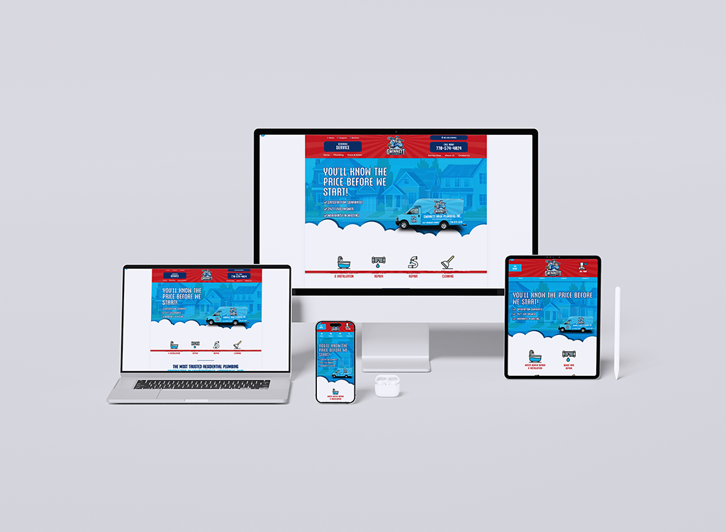Responsive website design displayed on multiple devices, including a desktop, laptop, tablet, and smartphone, showcasing a service-oriented homepage with a clear pricing message and user-friendly navigation.