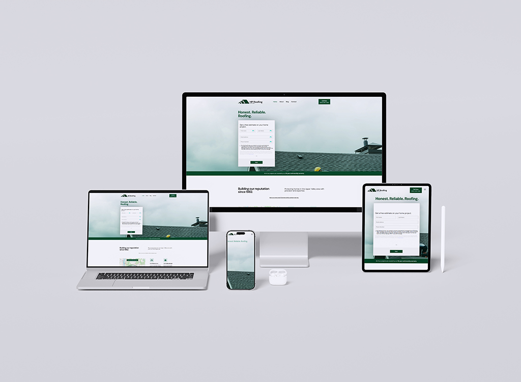 A collection of devices displaying a roofing company website featuring a clean design, with an emphasis on honesty and reliability in roofing services, showcasing a contact form for estimates and a professional layout suitable for various screen sizes.