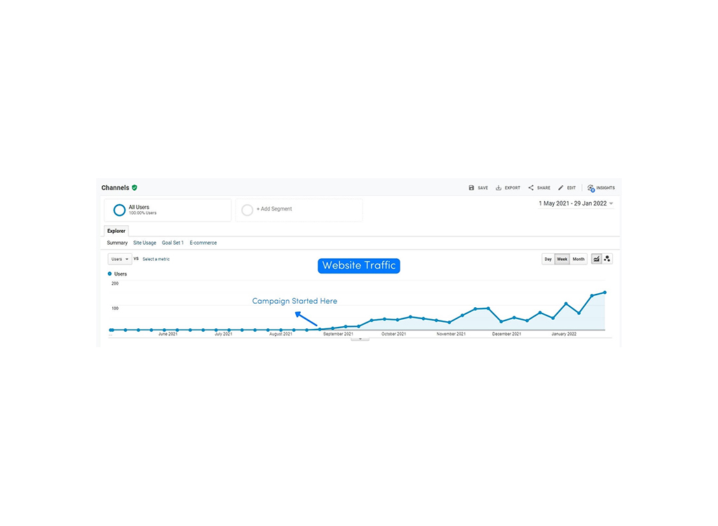 Line graph displaying website traffic data from May 2021 to January 2022, highlighting user growth with a notable increase after a campaign launch in August 2021. The graph features metrics related to user engagement over time, with options to view data by day, week, or month.
