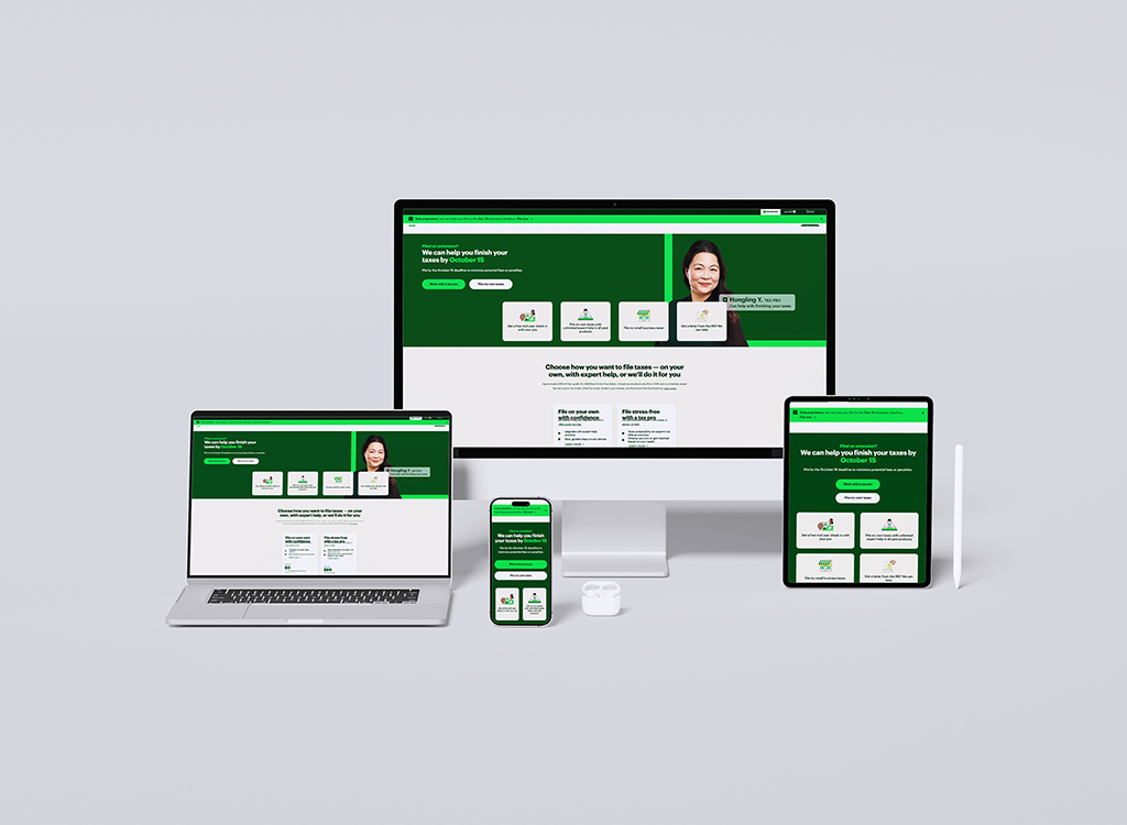 Image of a responsive website design displayed on multiple devices, including a desktop computer, laptop, tablet, and smartphone. The website features a user-friendly interface with options for tax assistance, highlighting services and deadlines. The design emphasizes a green color scheme and includes a friendly representative to enhance user engagement.