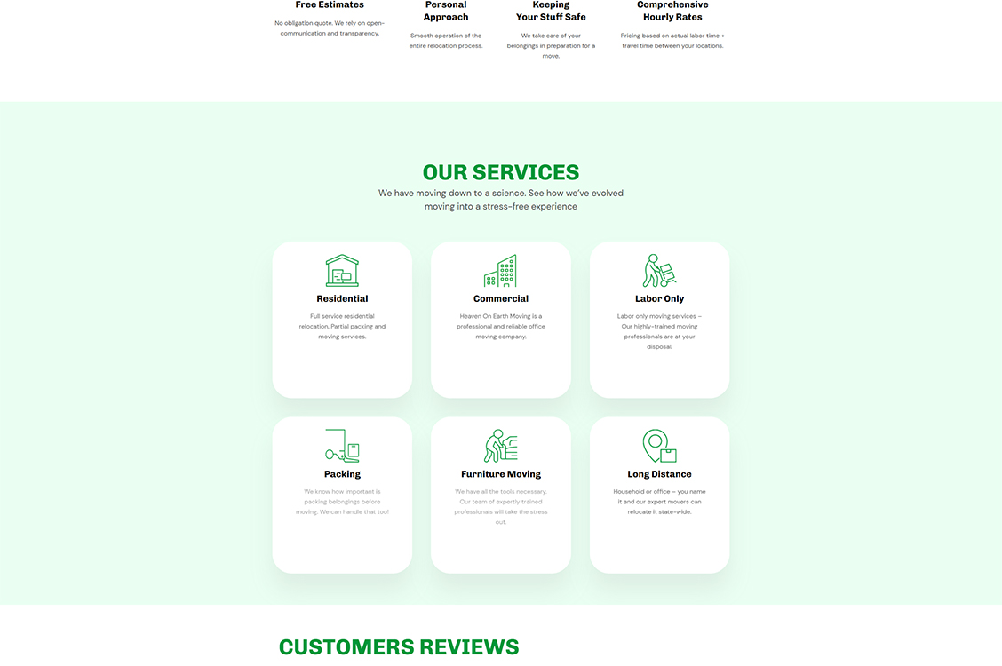 Alt text: Overview of moving services offered, including residential, commercial, labor-only, packing, furniture moving, and long-distance relocation, highlighting a stress-free experience and professional assistance.