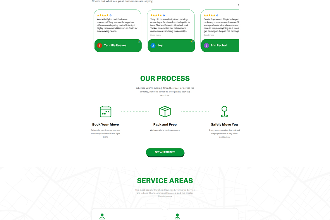 Website layout featuring service descriptions, process steps, and service area information, designed for user engagement and clarity.