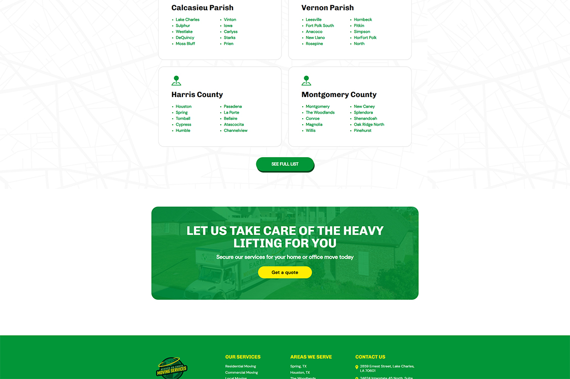 Alt text: List of service areas for a moving company, including parishes and counties such as Calcasieu, Vernon, Harris, and Montgomery, with a call-to-action for securing moving services.