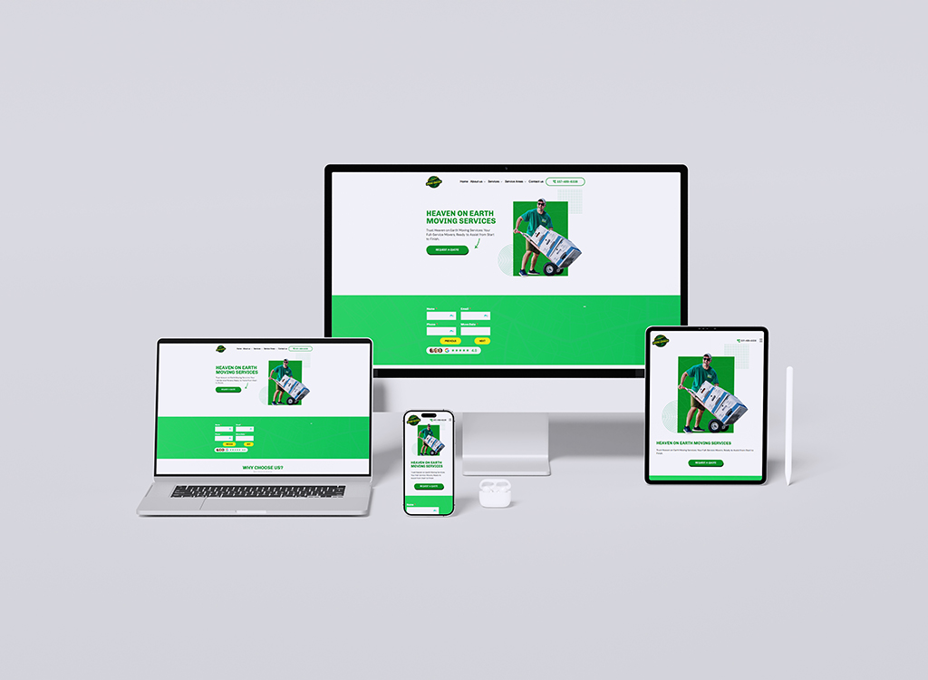 Image depicting a responsive website design for a moving services company, displayed on various devices including a desktop, laptop, tablet, and smartphone. The website features a vibrant green color scheme, showcasing service options and a call-to-action for potential customers.