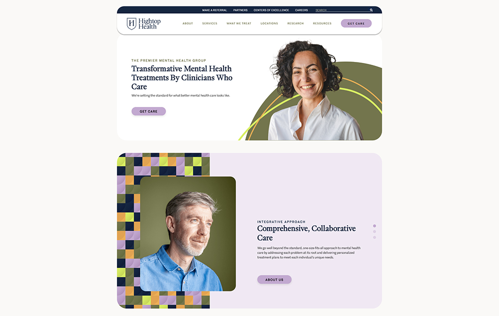 Image of a mental health website showcasing transformative treatments by caring clinicians. The top section features a smiling female clinician promoting mental health care, while the lower section highlights a male clinician discussing a personalized approach to treatment. The design emphasizes collaboration and comprehensive care.