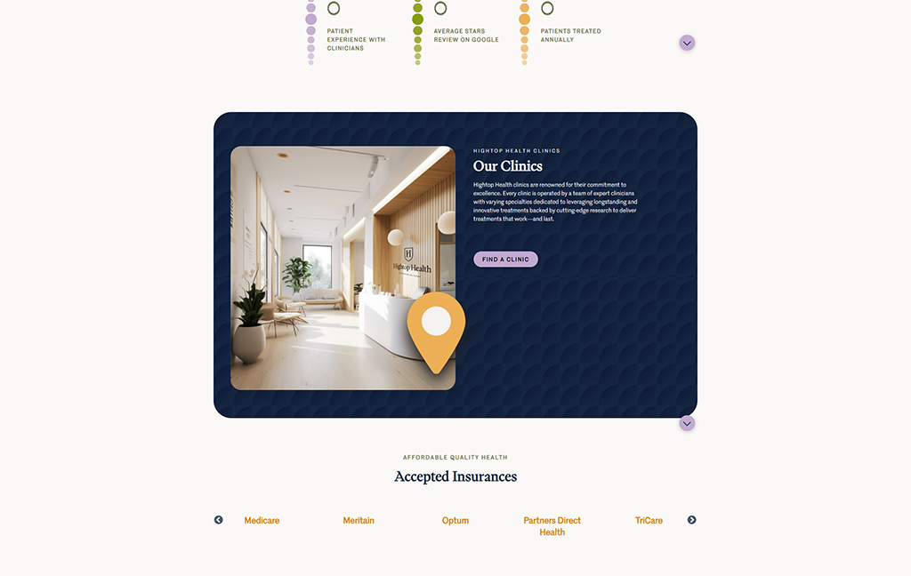 Modern and inviting interior of a Hightop Health clinic, showcasing a reception area with comfortable seating, greenery, and a welcoming atmosphere designed for patient comfort and care.