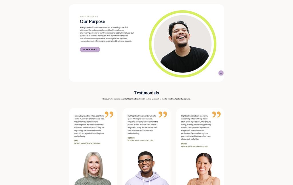 Image of a smiling male patient at Hightop Health, showcasing the welcoming environment of the mental health clinic. The image supports the clinic's commitment to providing personalized mental health care, highlighted by patient testimonials emphasizing warmth and professionalism.