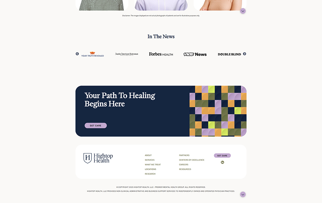 Homepage of Hightop Health featuring a welcoming message, 