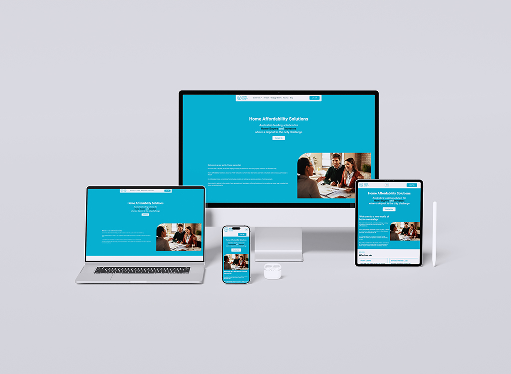 Responsive website design showcasing Home Affordability Solutions on multiple devices, including a desktop, laptop, tablet, and smartphone, featuring a bright blue background and informative content on overcoming home buying challenges.